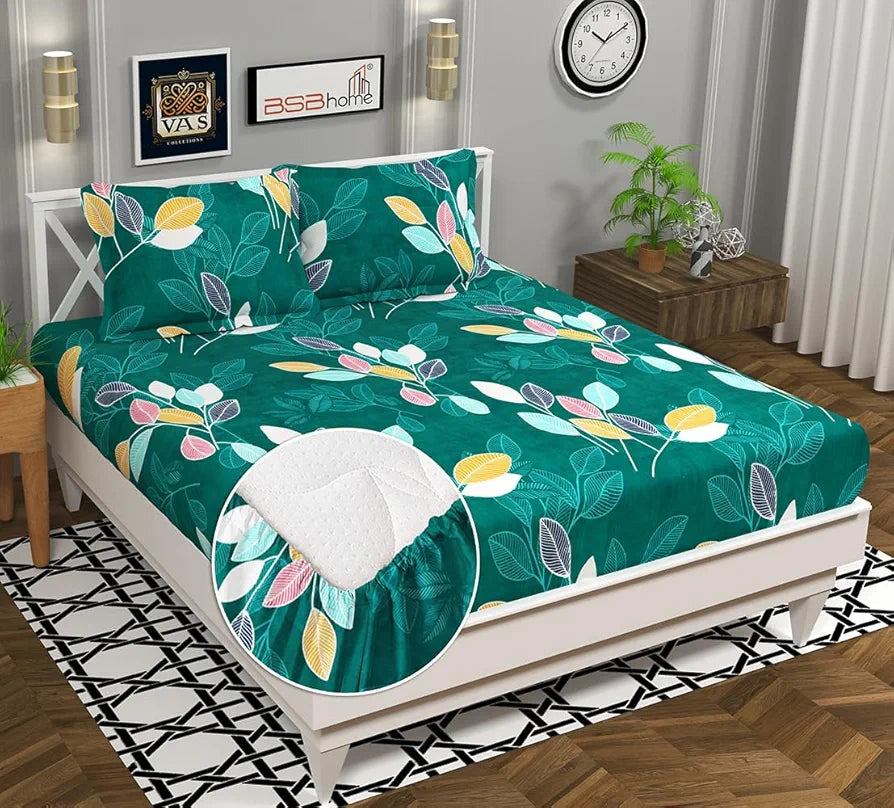 HOMEKART 220 TC Premium Cotton Elastic Fitted Bedsheets with 2 Pillow Covers|Double Bed with Corner Elastic Wrinkelfree Floral Pattren Breathable |Size-72 x 68 + 6 inches |Dark Green & Rust