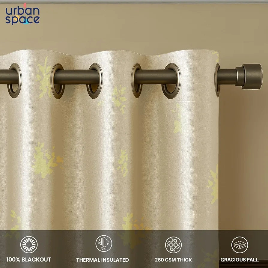 Urban Space Blackout Curtains for Living Room, Gold Foil Printed Luxurious 100% Blackout Decorative Door Curtain Eyelet with Tieback, 1 Piece 