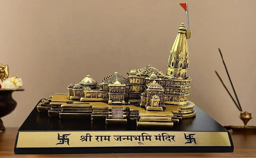 Gold Art India Ram Mandir Ayodhya Gold Plated Matte - Minature for Gifting, Puja Room, Office Desk, Home Decor 