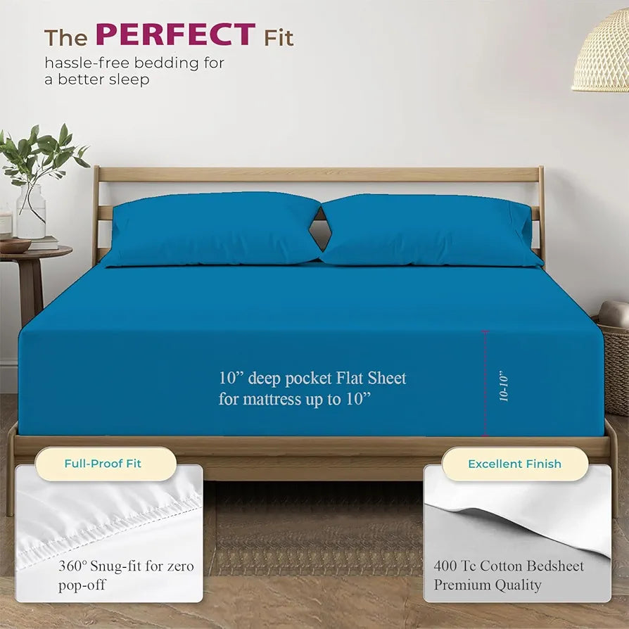 Trance Home Linen 100% Cotton 78x60 inch Queen Elastic Fitted Bedsheet | 400TC Premium Queen Double Bed Size Plain Fitted Elastic Bed Sheet with 2 Pillow Covers 