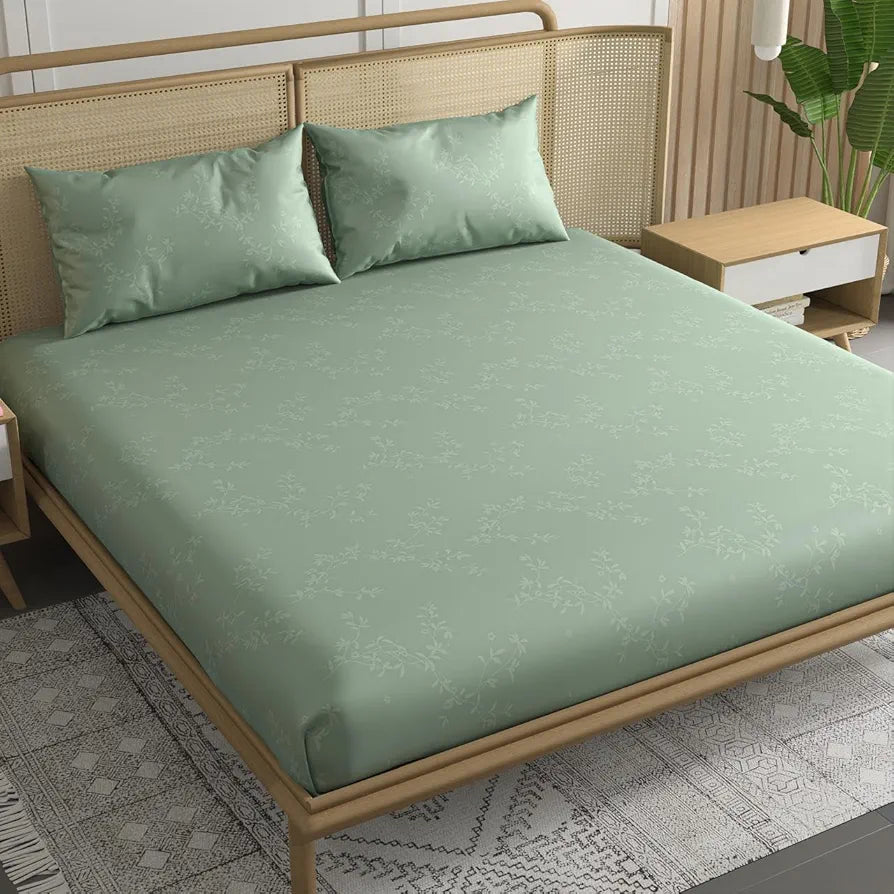 Trance Home Linen 100% Egyptian Cotton 300TC Long Staple Queen Size Jacquard Weave Fitted Bedsheet with 2 Pillow Covers - 