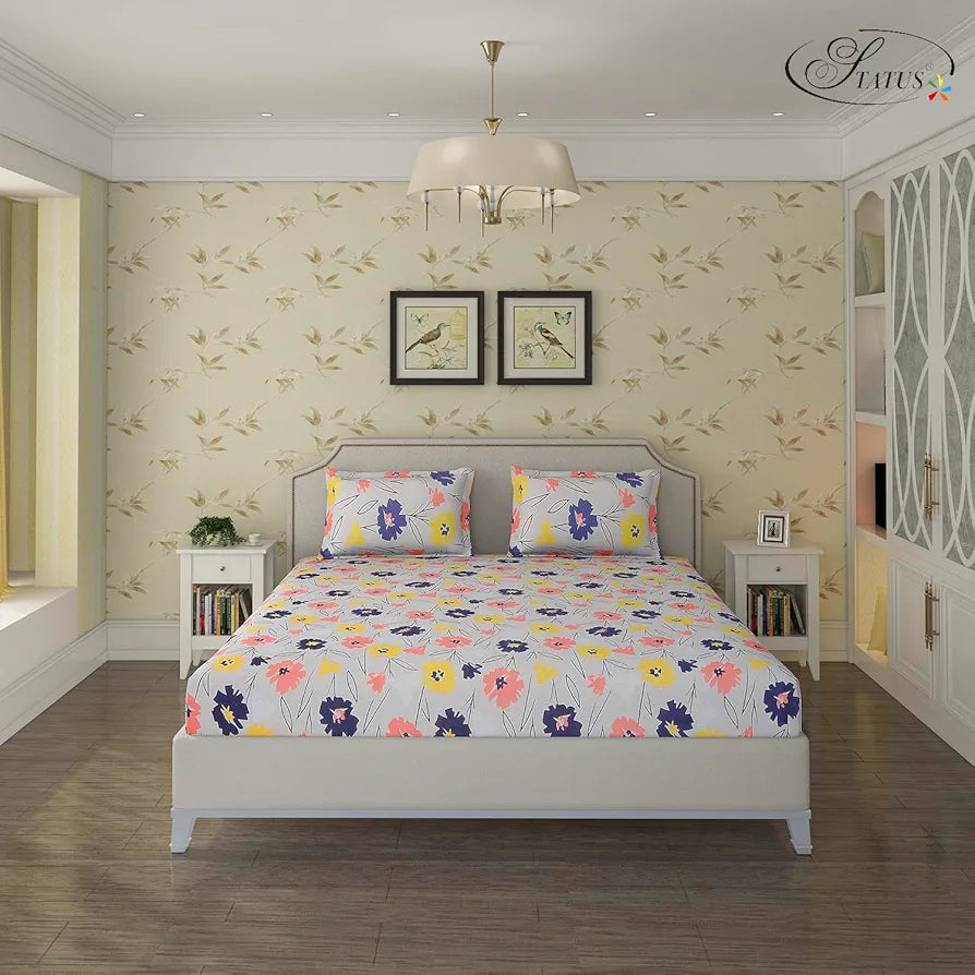 Status Contract Spring Summer Collection-2024 Cotton Rich Double Bedsheet with 2 Pillow Covers for Bed Room, Home, Hotel-120 GSM | , 120 Tc