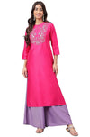 Janasya Women's Pink Poly Silk Yoke Embroidered Straight Kurta