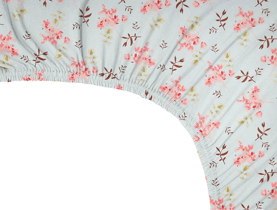 Premium Cotton Elastic Fitted Bedsheets with 2 King Size Pillow Covers Double Bed with All Around Elastic Supersoft Size - 72 x 78 +10 inches Flower Print Sky Blue and Pink 200 tc - 220 tc