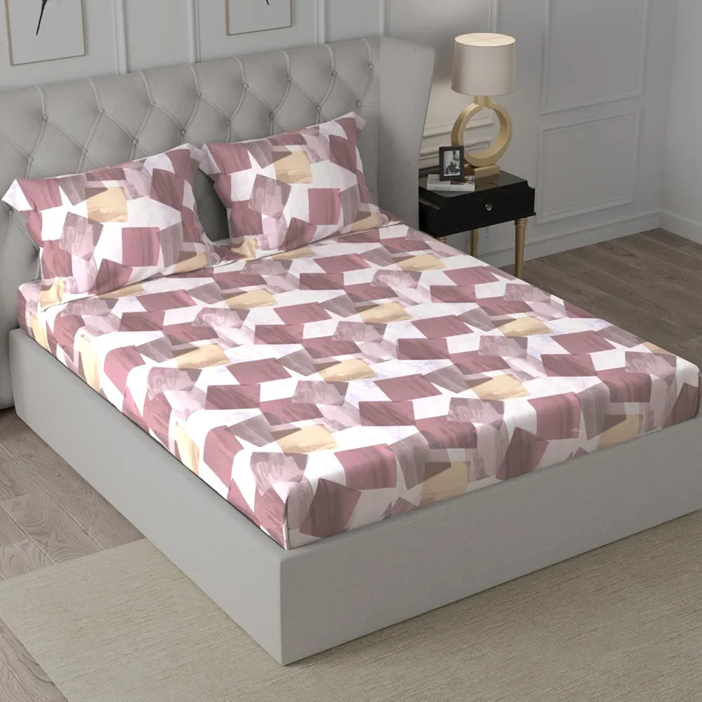 Cloth Fusion Glace Cotton Elastic 186tc Abstract Fitted Bedsheet for Double Bed King Size with 2 Pillow Covers, Soft Wrinkle Free Elastic Bedsheets for King Size Bed 