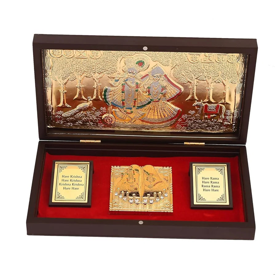 JAIPUR ACE Gold Plated Radhe Shyam Charan Paduka yantra | Devotional Prayer Box Wooden Momento with Natural Fragrance for Home or for Gifting 