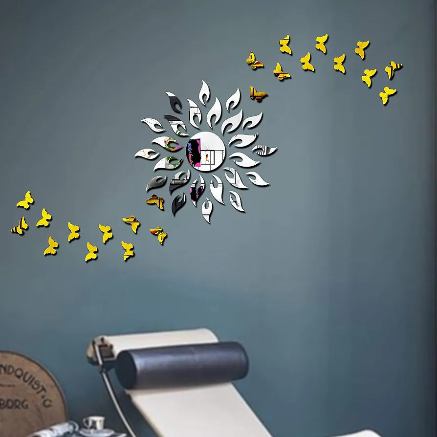Bikri Kendra - ART RTNS8, Sun Silver with 20 Golden Butterfly Decorative Mirror Stickers for Wall, Wall Mirror Stickers, Sun 3D Acrylic Stickers Wall Stickers for Hall Room, Bed Room, Kitchen Living Room Kids Room.