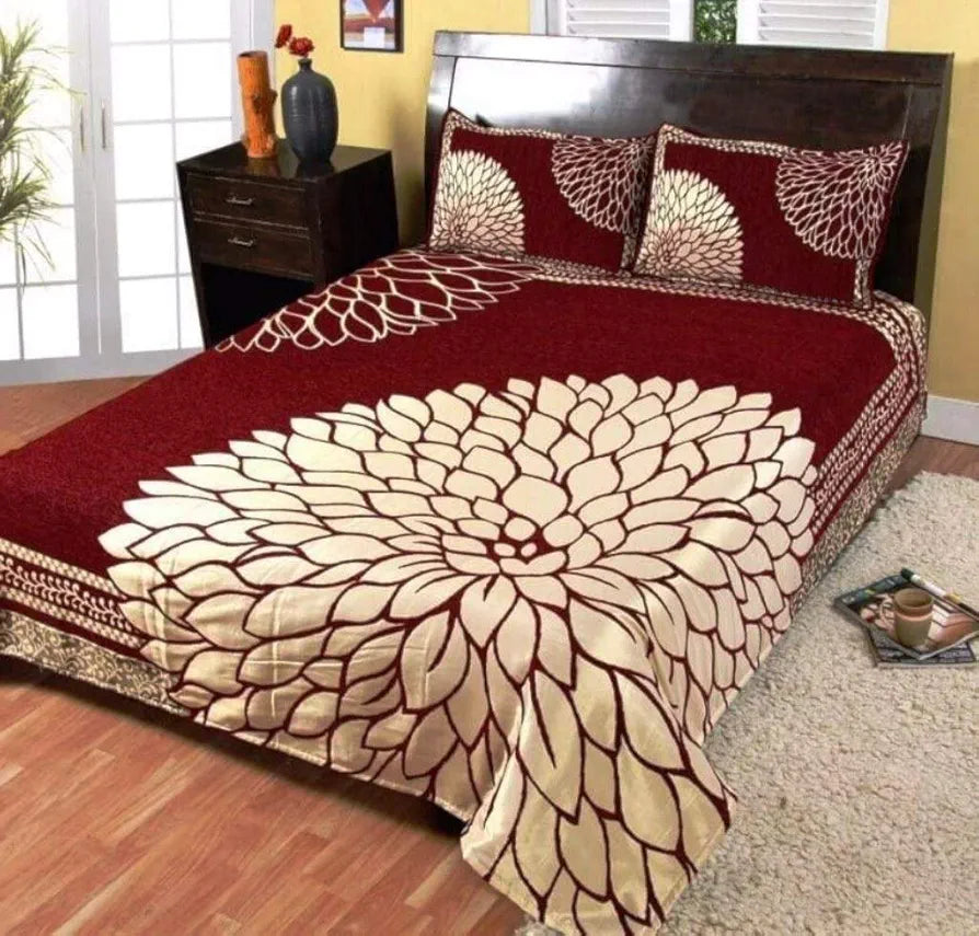 FRESH FROM LOOM Floral Chenille Velvet 500 TC 1 Double Bed King Size Bedsheet with 2 Pillow Cover 