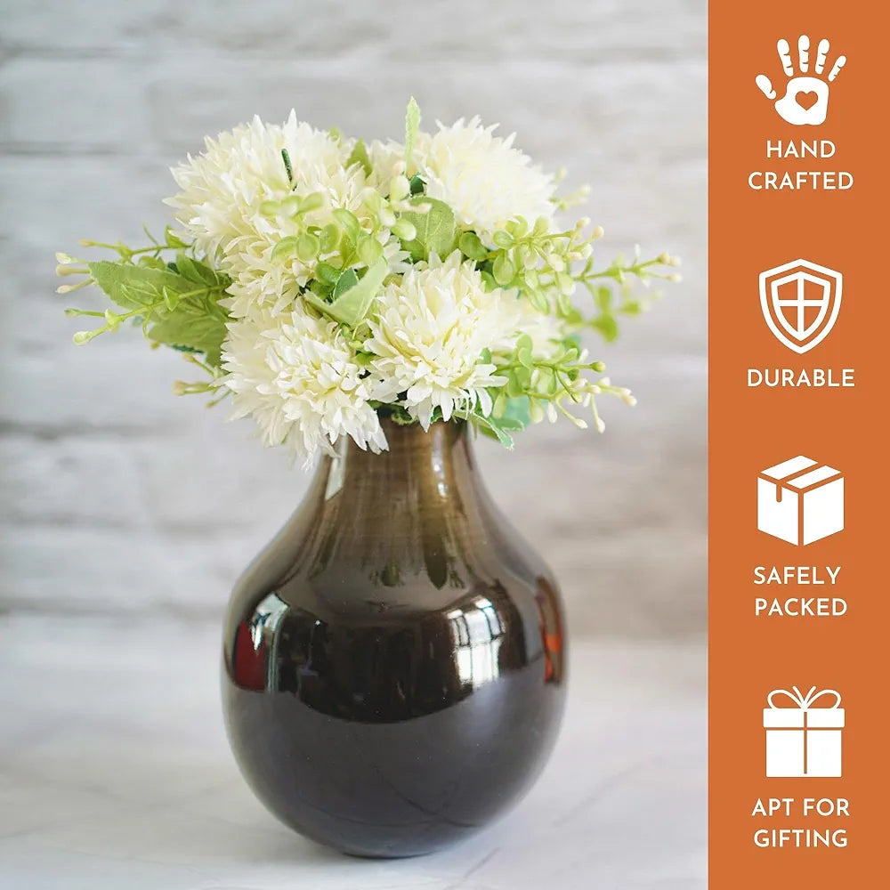 Behoma Metal Flower Vase for Home Decor Living Room Kitchen Office Wedding Round Shape Metal Table Decorative Flower Pot Brass Colour Small 