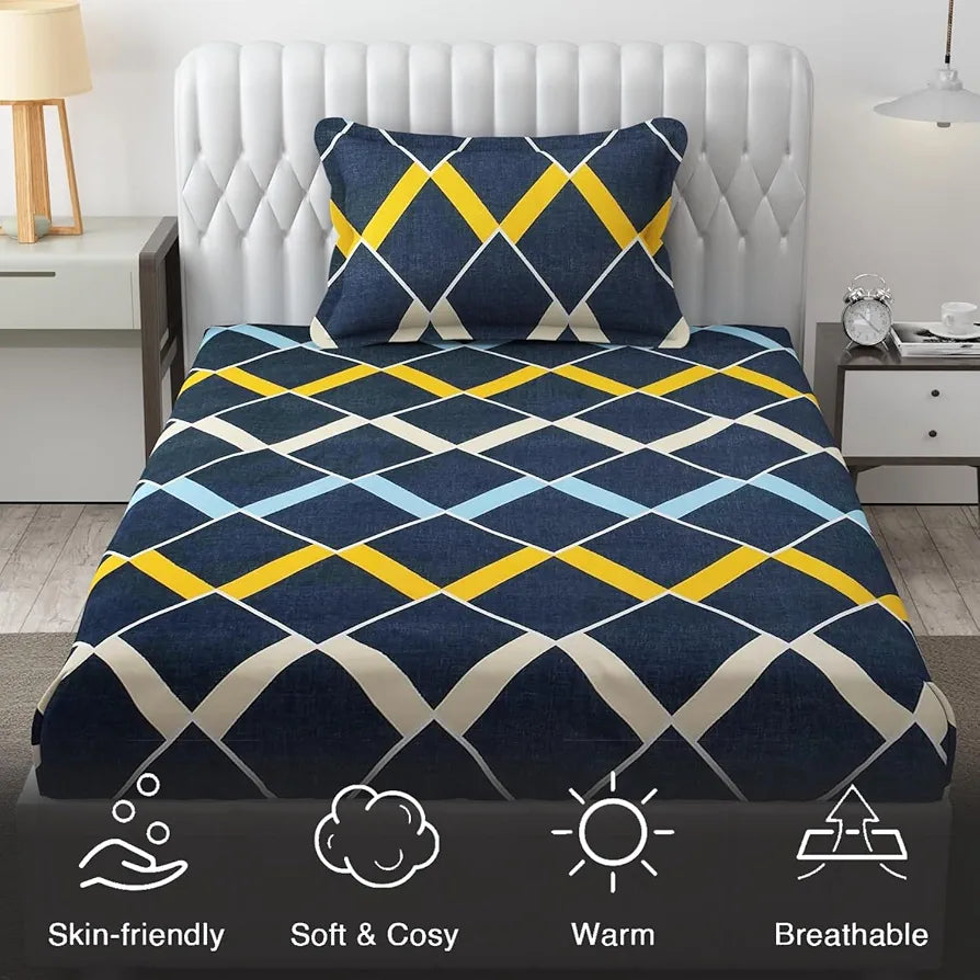 FRESH FROM LOOM Microfiber Single Size Single Geometric Bedsheet - Hypoallergenic Wrinkle Free Bed Sheets with 1 Pillow Covers , 144 TC