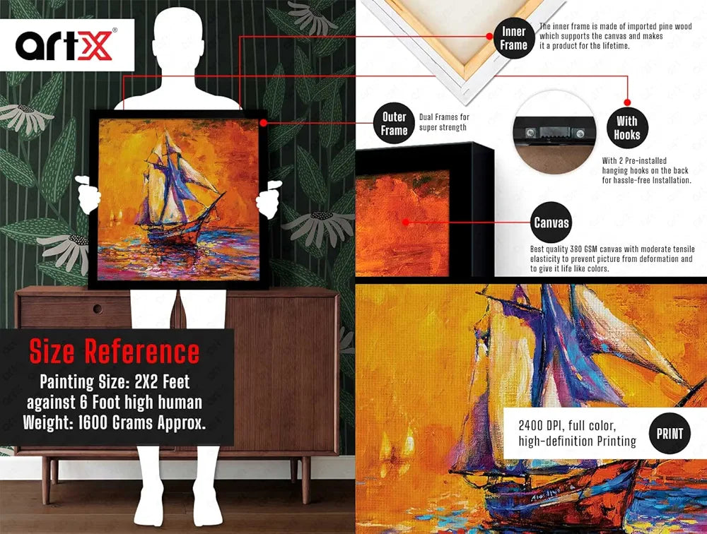 ArtX Colorfull Ship Oil Painting Big Canvas Painting For Bedroom With Frame, Multicolour, Square, 24.0 x 24.0 inch, 2x2 Feet, Set Of 1