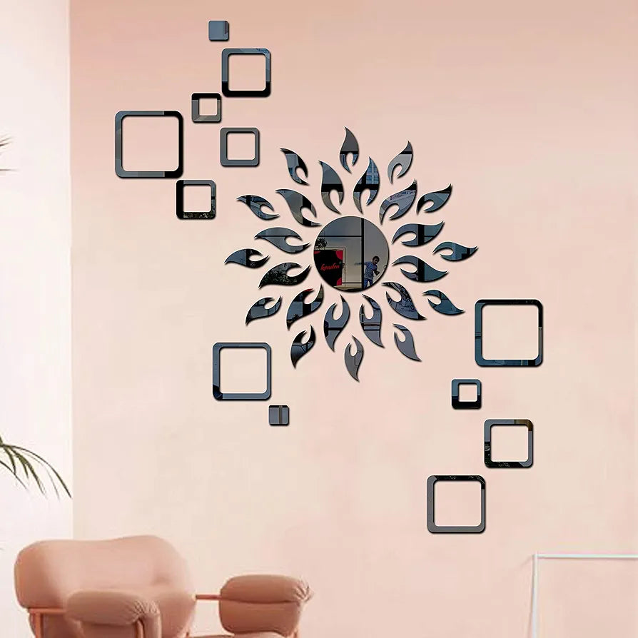 Bikri Kendra - Art BK78, Sun Black with Square Black 2 Set - 3D Acrylic Mirror Stickers for Wall Self-Adhesive