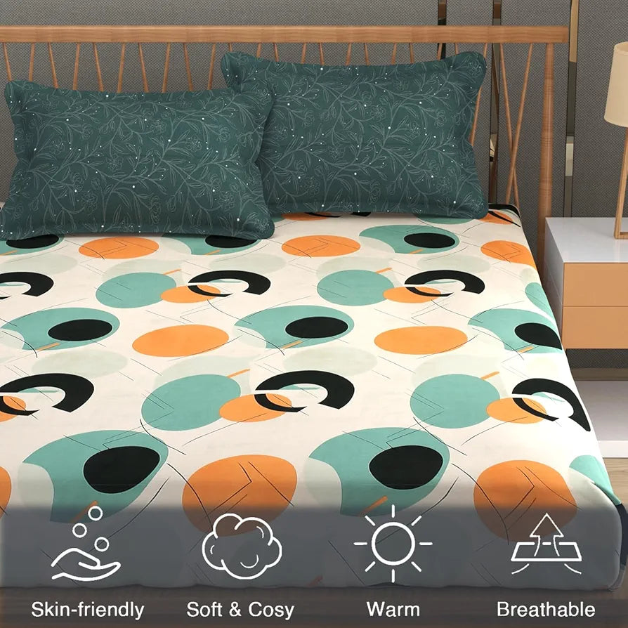 FRESH FROM LOOM Microfiber Cotton Bedsheet for Double Bed |Hypoallergenic King Size Bedsheet | 240 TC Anti Fade Printed Bed Cover with 2 Pillow Cover 