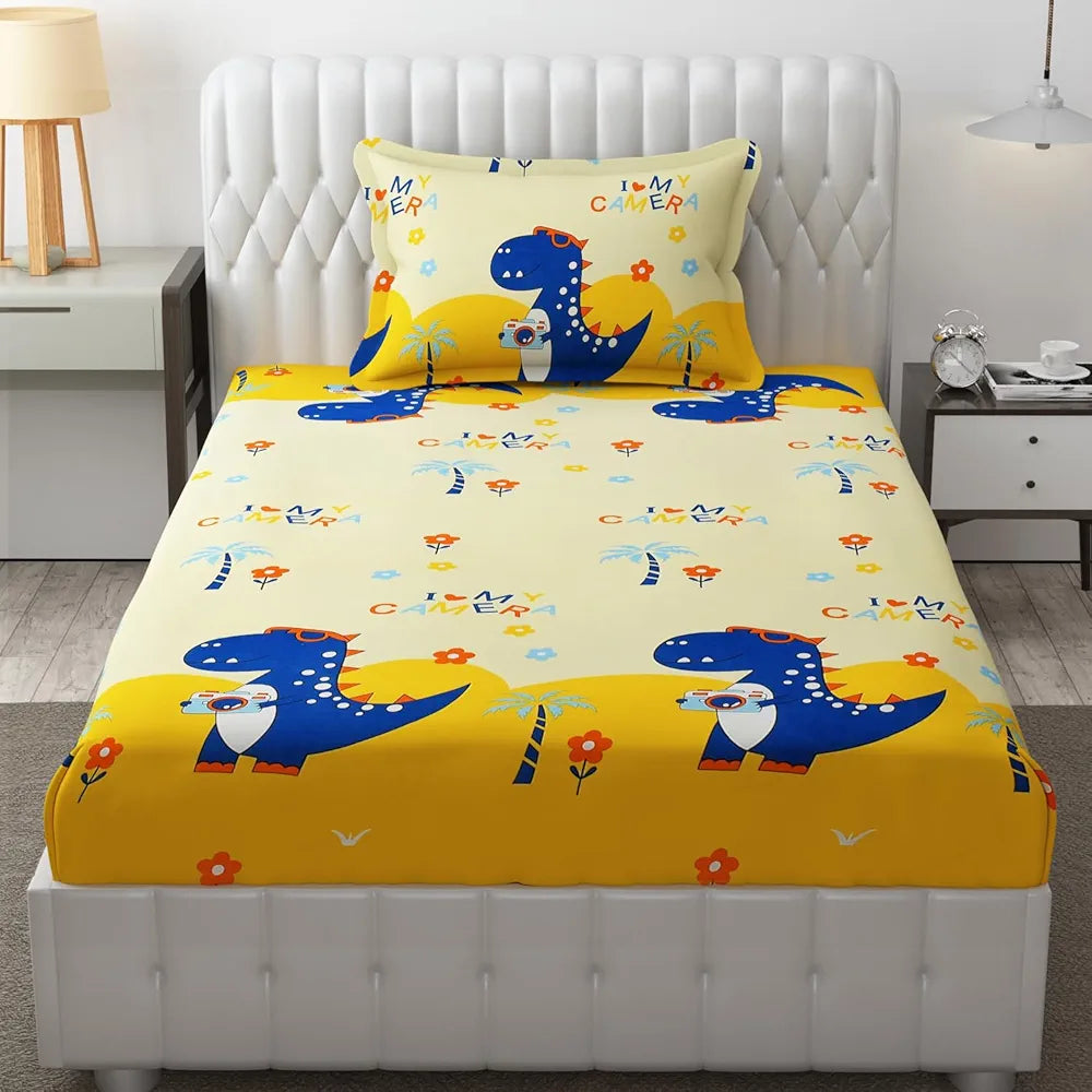 FRESH FROM LOOM Glace Cotton Wrinkle Free Soft Hypoallergenic Elastic Fitted Bed Sheet,Cartoon Printed,Bedsheet for Kids Room Boys Girls,Dinosaur),300 TC,Multicolor