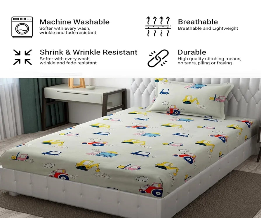 FRESH FROM LOOM Glace Cotton Wrinkle Free Soft Hypoallergenic Bed Sheet | Cartoon Printed | Single Bedsheet With One Pillow Cover Kids Bedsheet For Boys & Girls Room , 144 TC