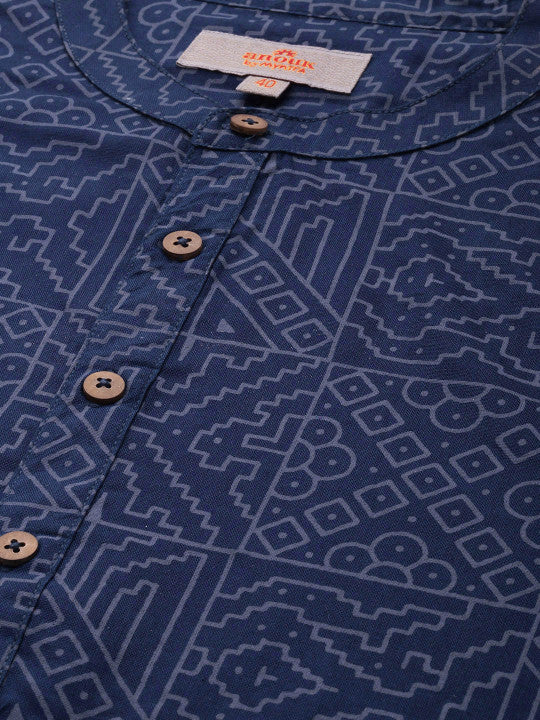 Anouk Men Geometric Printed Cotton Indigo Short Kurta