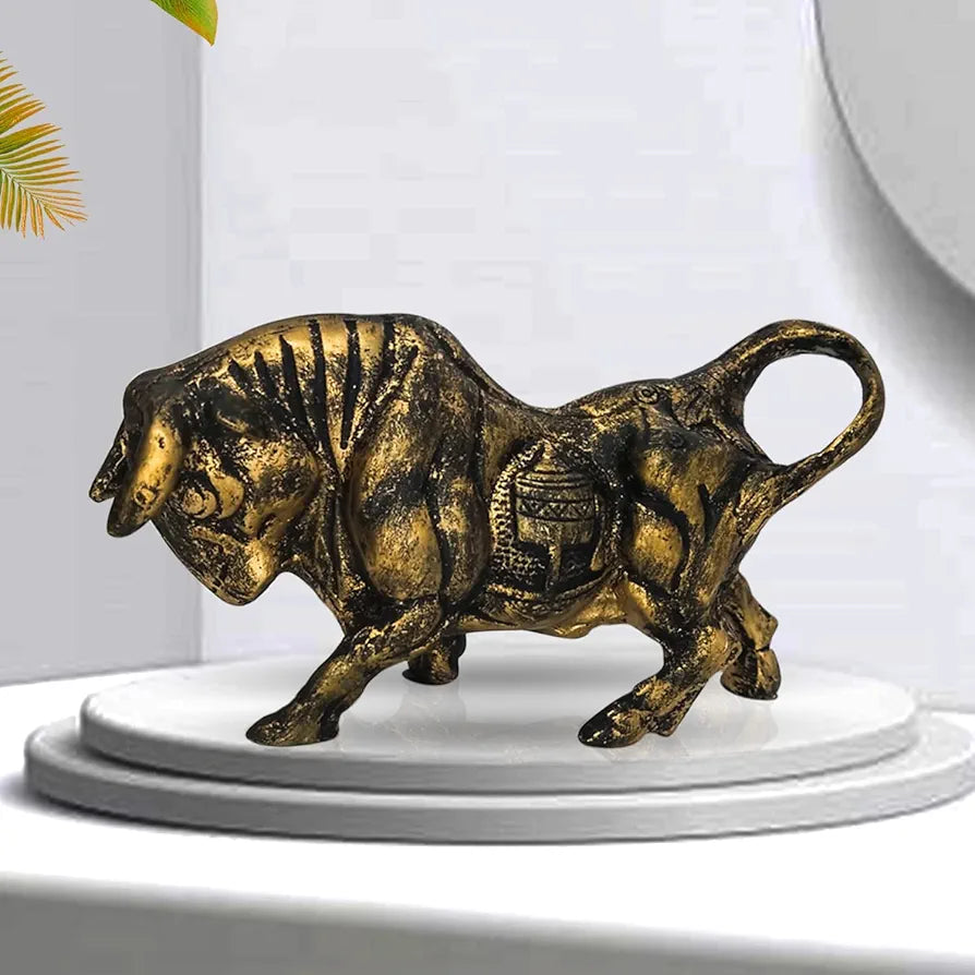 Xtore Brass Finish Bull Resin Statue for Home Decor 