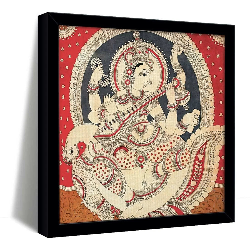 ArtX Saraswati Devi Big Canvas Painting For Living Room, Drawing Room With Frame, Multicolour, Square, 24.0 x 24.0 inch, 2x2 Feet, Set Of 1