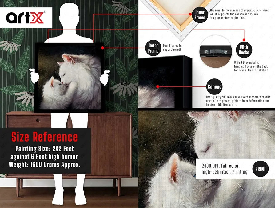 ArtX Mom Cat Family Big Canvas Painting For Bedroom and Living Room With Frame, Multicolour, Square, 24.0 x 24.0 inch, 2x2 Feet, Set Of 1