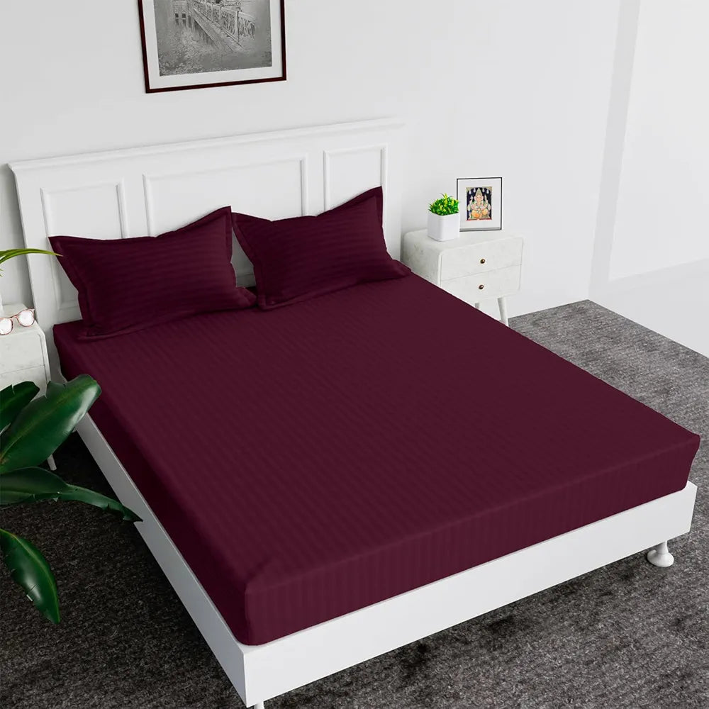 Kuber Industries Double Bedsheet with 2 Pillow Covers | 144 TC Glace Cotton Bedsheet | Satin Striped Bedsheet for Home | Hotel | Bedroom | 90x100 Inch | Maroon