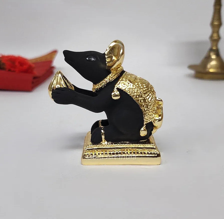 Gold Art India Gold-Plated Mushak  Mouse with Modak | Black Terracotta Finish | Mouse Idol | Vehicle  of Lord Ganesha | 2.5 Inch Height | Home Decor, Mandir Pooja Room, Office Desk