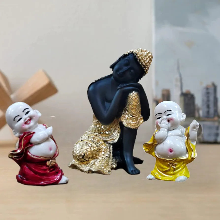 MARINER'S CREATION Polyresin Divine Resting Buddha Idol with Two Child Monks Showpiece for Home Decor 