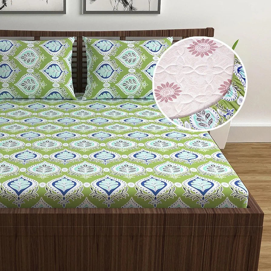 Divine Casa 144 TC Cotton Abstract Printed Queen Size Double Bed Elastic Fitted Bedsheet with 2 Pillow Cover 