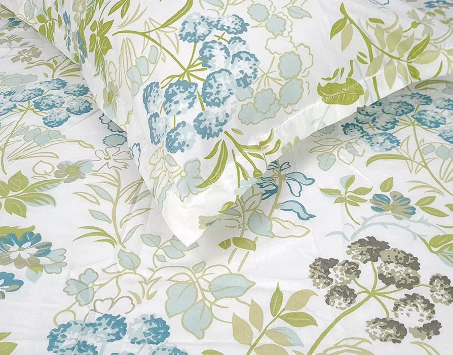 Divine Casa Double Size Bedsheet for Double Bed, 144 TC Pure Cotton Queen Size with 2 Pillow Covers | 222 by 254 cm | Floral | Mint Blue