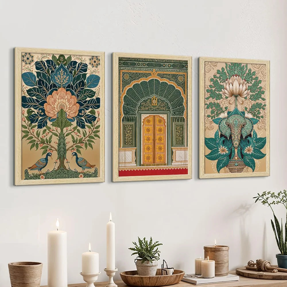 ArtX Paper Madhubani Art Paintings with Frame for Home Decor, Wall Painting for Living Room, Multicolor, Natural Wood Color Frames, Set of 3