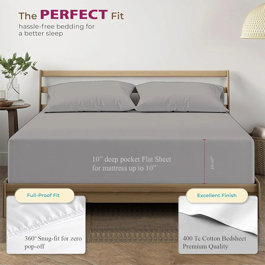 Trance Home Linen 100% Cotton 78x36 inch Single Elastic Fitted Bedsheet |smooth finish| 400TC Premium Single Bed Size Plain Fitted Elastic Bed Sheet with 1 Pillow Cover 