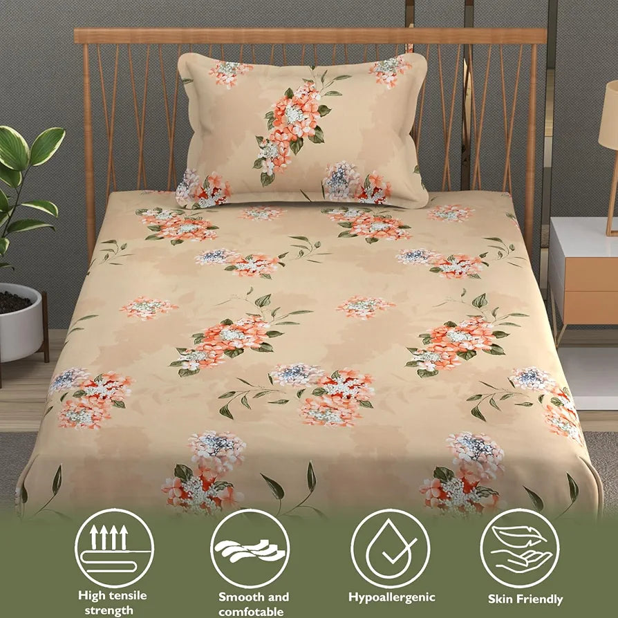Fresh From Loom Hypoallergenic Floral Print Single Bed Bedsheet with 1 Pillow Covers - Microfiber, 240 TC 