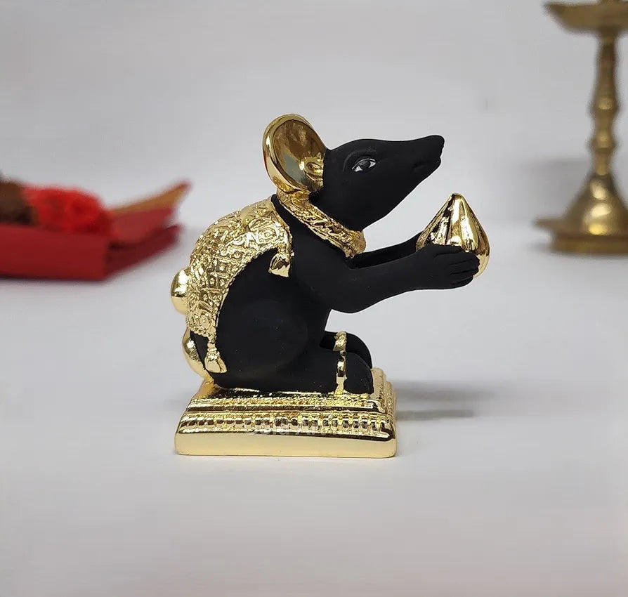 Gold Art India Gold-Plated Mushak  Mouse with Modak | Black Terracotta Finish | Mouse Idol | Vehicle  of Lord Ganesha | 2.5 Inch Height | Home Decor, Mandir Pooja Room, Office Desk