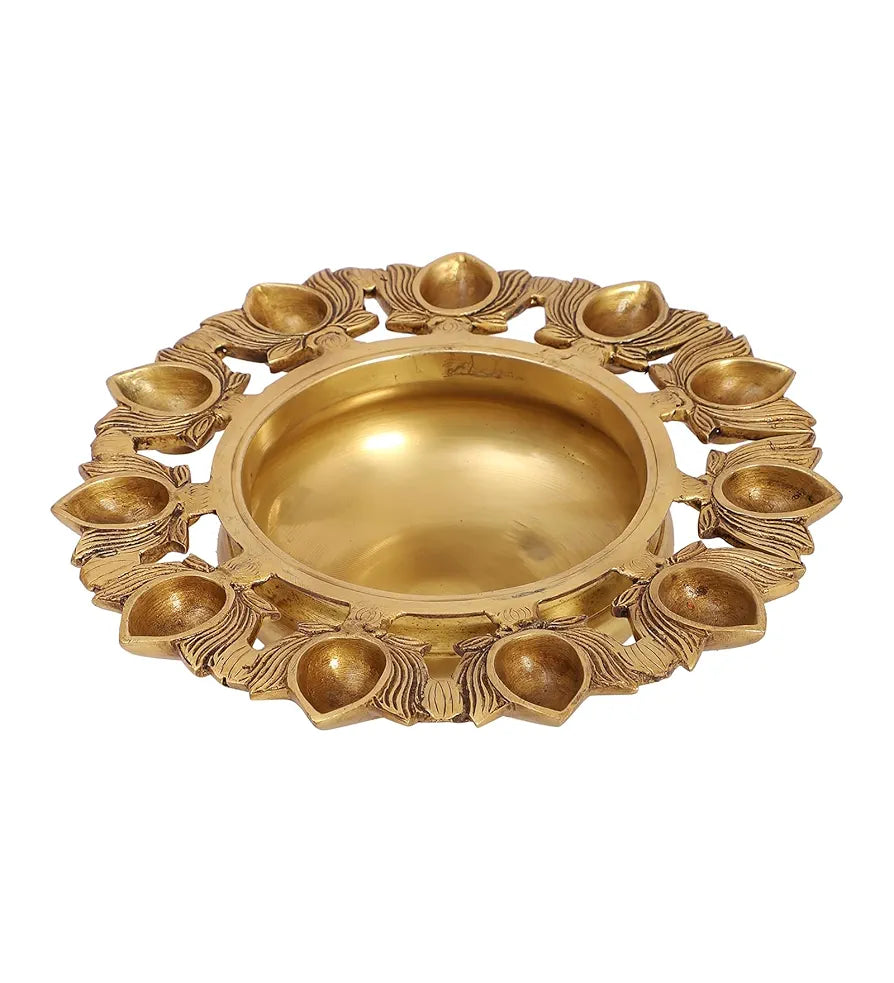 Two Moustaches 9.5 Inches Brass Urli Bowl with Lotus Design 11 Diyas,Urli for Flowers, Urli for Home Decor, Brass Decorative Urli Bowl, Housewarming Gifts, Antique Yellow, Weight - 2.14 Kg,Pack of 1