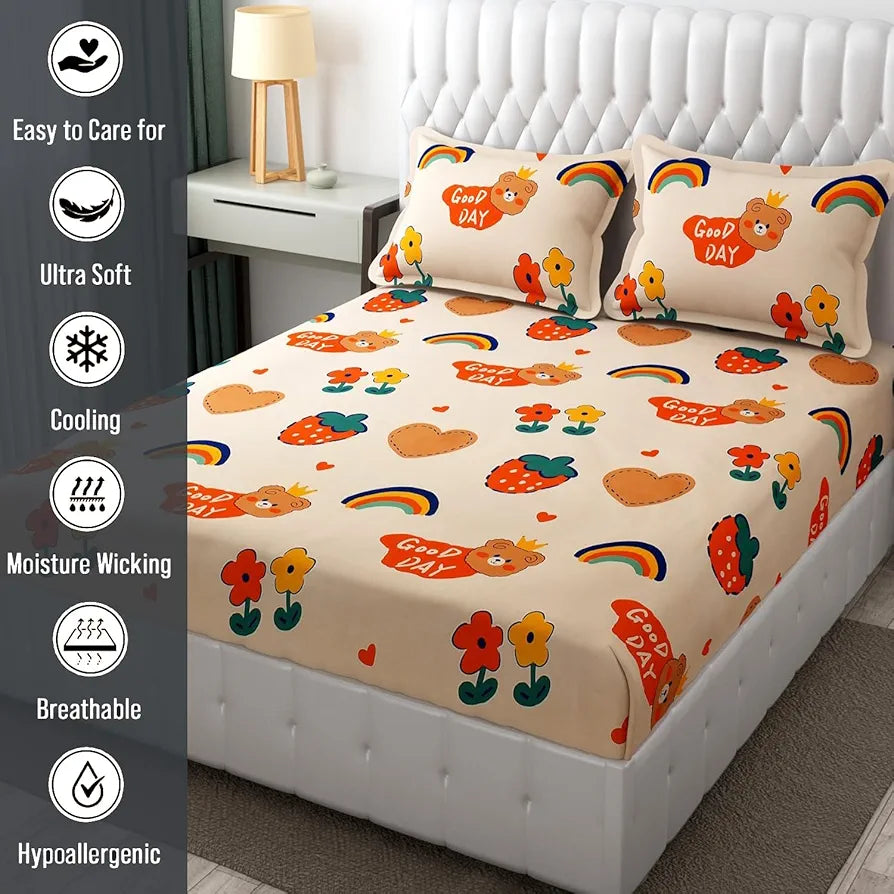 FRESH FROM LOOM Cartoon Wrinkle Free Glace Cotton Bedsheet For Kids With 2 Pillow Cover , 144 Tc,Multicolor