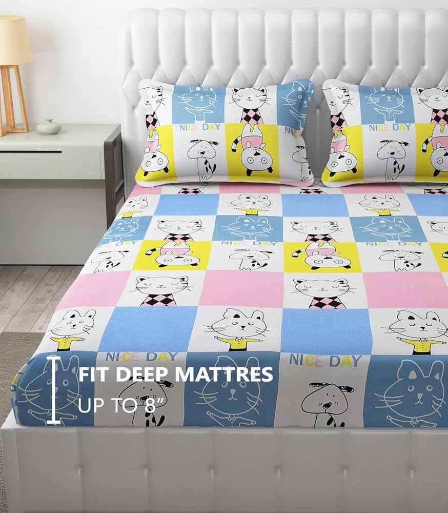 FRESH FROM LOOM Hypoallergenic Glace Cotton Kids Elastic Fitted Bedsheet,Rotary Printed,Wrinkle Free With 2 Pillow Covers,Aqua Pink,Nice Day),Double Bed,300 TC