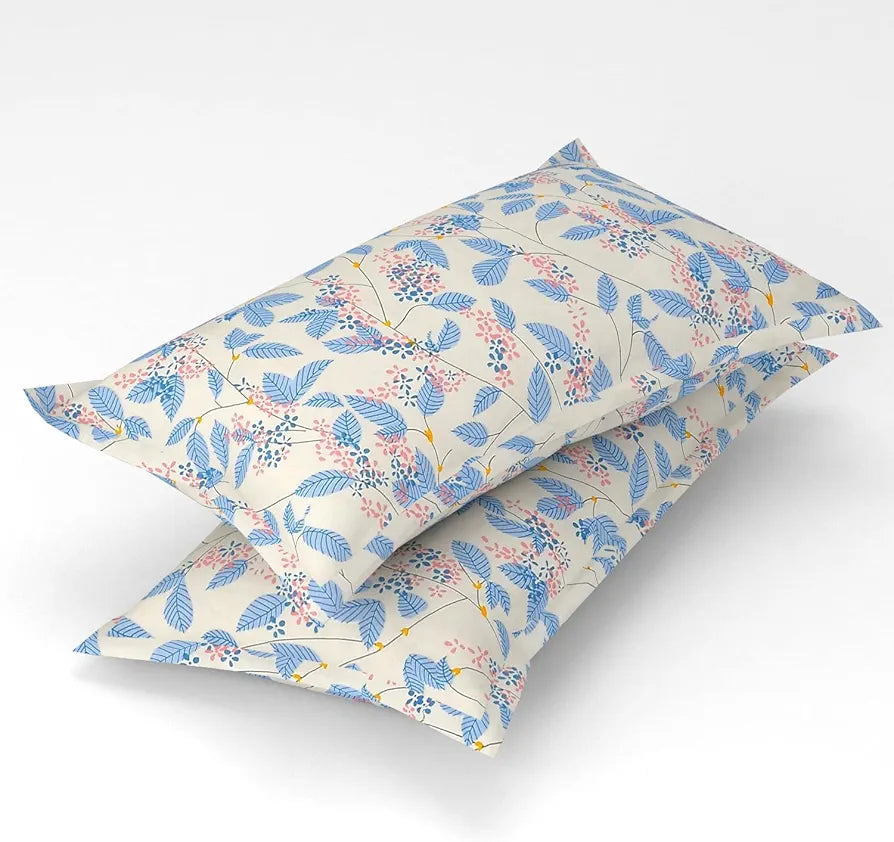 HOMEKART Premium Cotton Elastic Fitted Bedsheets with 2 King Size Pillow Covers Double Bed with All Around Elastic Supersoft Size - 72 x 78 +10 inches Flower Print Off White and Blue 200 tc - 220 tc