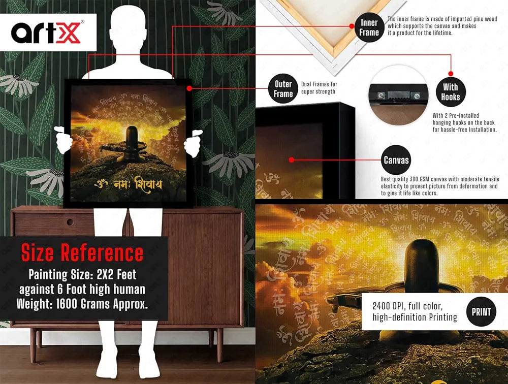 ArtX Om Namah Shivay Big Canvas Painting For Living Room With Frame, Multicolour, Square, 24.0 x 24.0 inch, 2x2 Feet, Set Of 1