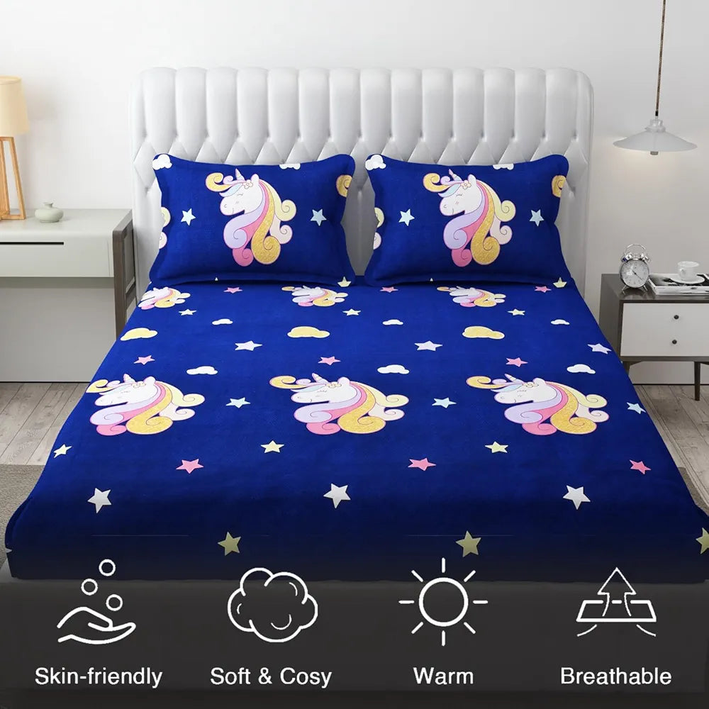 FRESH FROM LOOM 300 TC Glace Cotton Wrinkle Free Soft Elastic Fitted Bed Sheet|Cartoon Printed Bedsheets King Size For Kids With 2 Pillow Cover |Dinosaur/Blue)