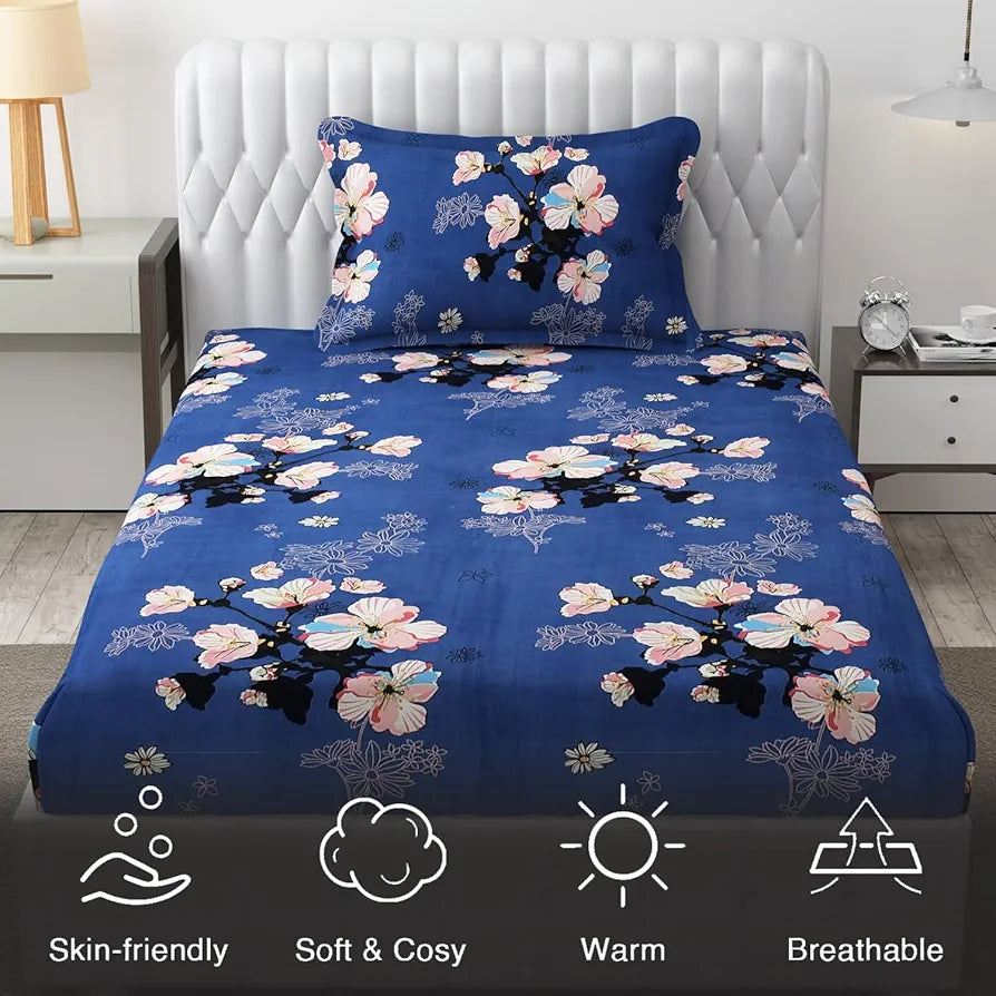 FRESH FROM LOOM Single Size Microfiber Bedsheet Set - Rotary Printed, Hypoallergenic, Wrinkle Free with 1 Pillow Covers , Blue, 144 TC