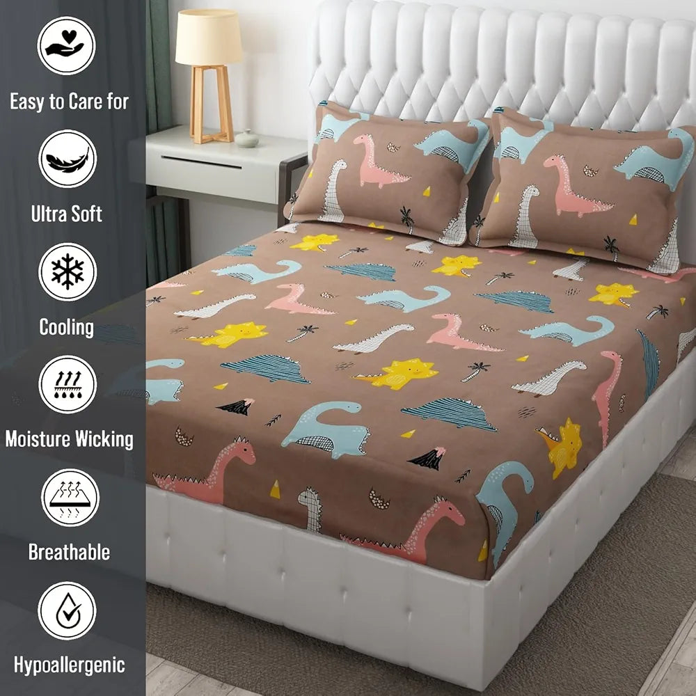 FRESH FROM LOOM Wrinkle Free Glace Cotton 300 TC Elastic Fitted Bedsheet For Kids With 2 Pillow Cover| Soft Skin Friendly|Anti Fade |Rosy/Dinosaur)