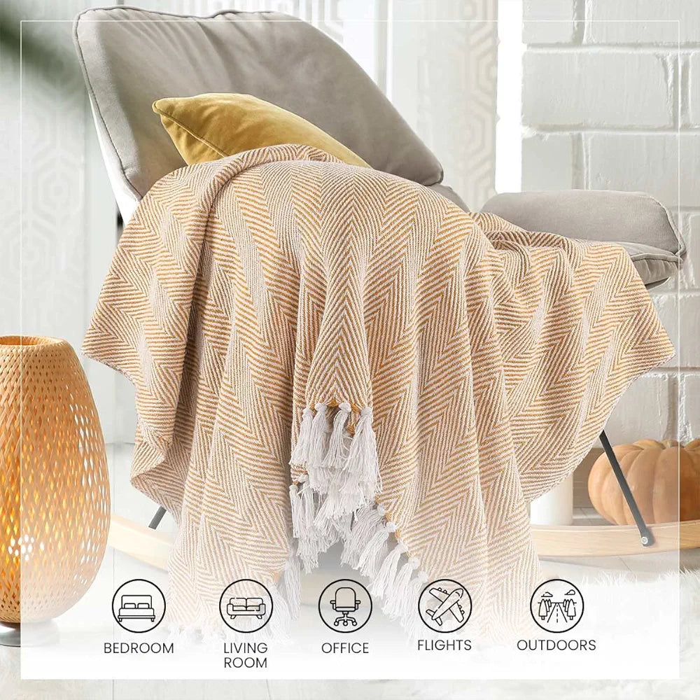 SASHAA WORLD Cotton Striped Chevron Throw Blanket|Throw for Living Room, Sofa, Bedroom & Chair|Yellow Throw Blanket|180 X 130 Cm Pack of 1