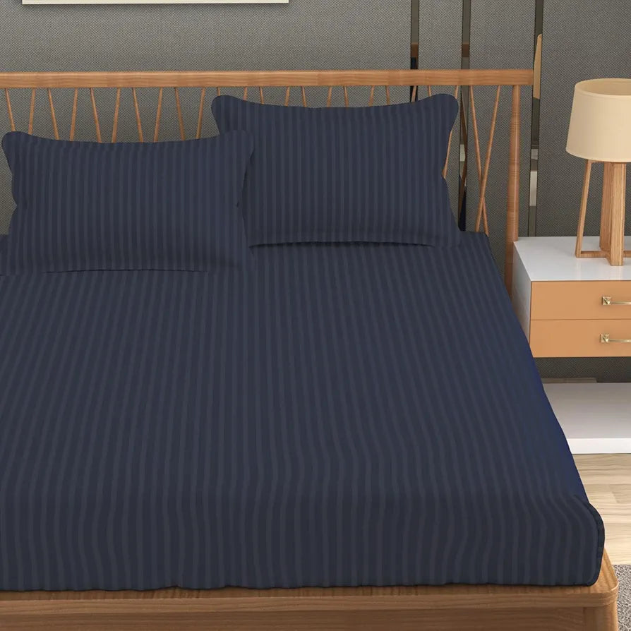 Homefab India 160 TC Stripe Glace Cotton Double BedSheet with 2 Pillow Covers -  - Grey