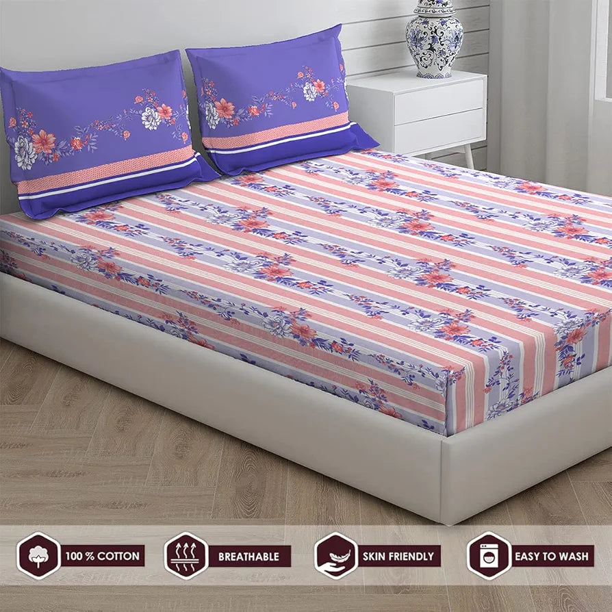 Layers Pavia 100% Cotton Bedsheet Set for All Seasons - Lightweight, Moisture Absorbent, Machine Washable & Easy to Care - Gift for Housewarming & More - 104 TC - Queen Size 