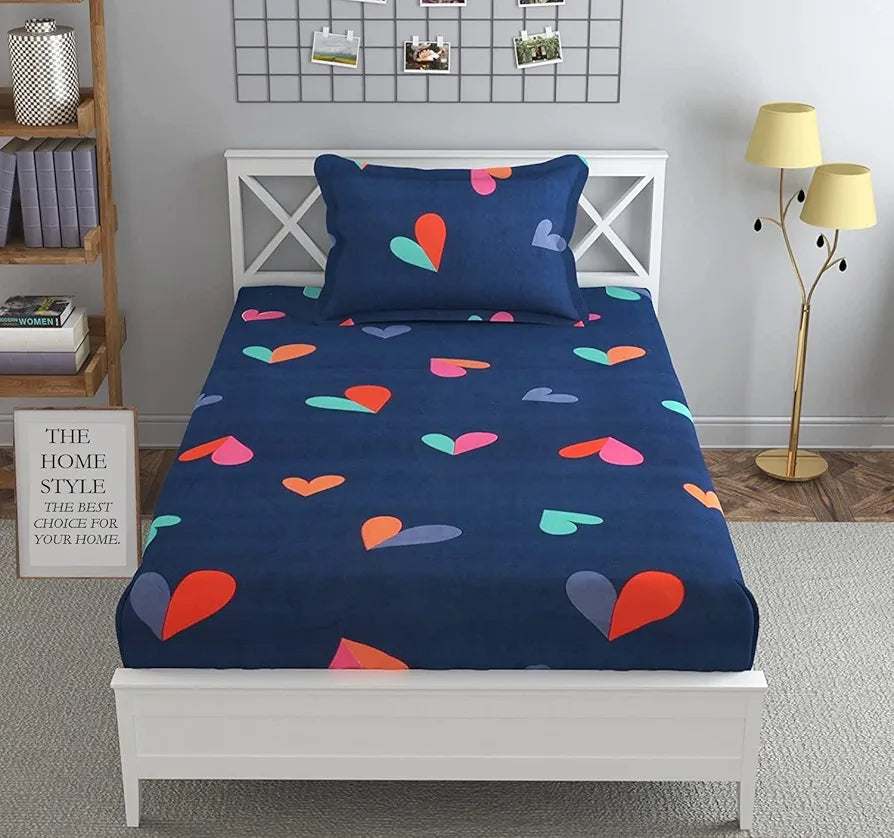 THE HOME STYLE Cotton Feel Glace Cotton Elastic Fitted All Around Printed Full Length Single Bed Bedsheet With 1 Pillow Cover,300 TC