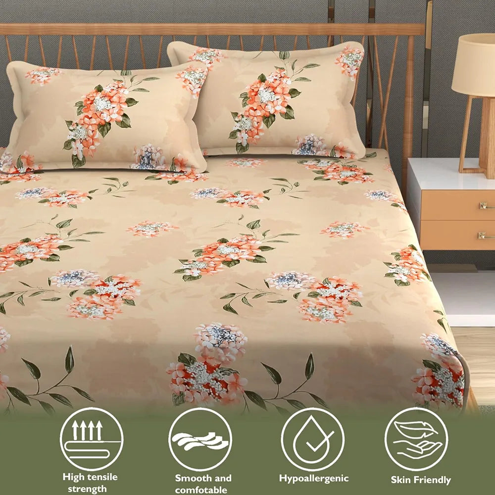 Fresh From Loom Hypoallergenic Floral Print Fitted King Size Bedsheet with 2 Pillow Covers - Microfiber, 240 TC | Beige, Floral Design)