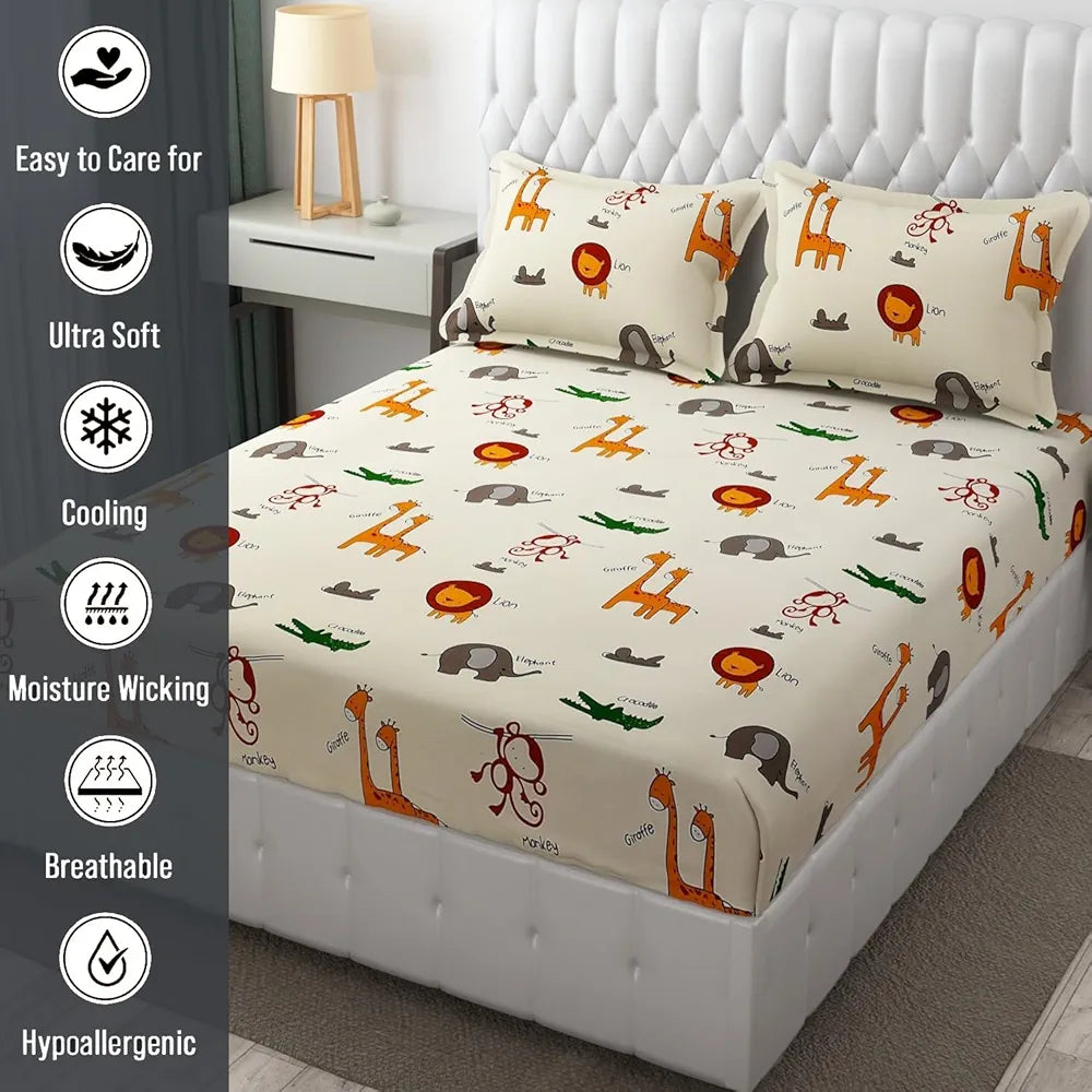 FRESH FROM LOOM Glace Cotton Wrinkle Free Elastic Fitted Bed Sheet with 2 Pillow,Cartoon Printed,Bedsheet for Kids Room ,Cream/Animal),Double Bed,300 TC