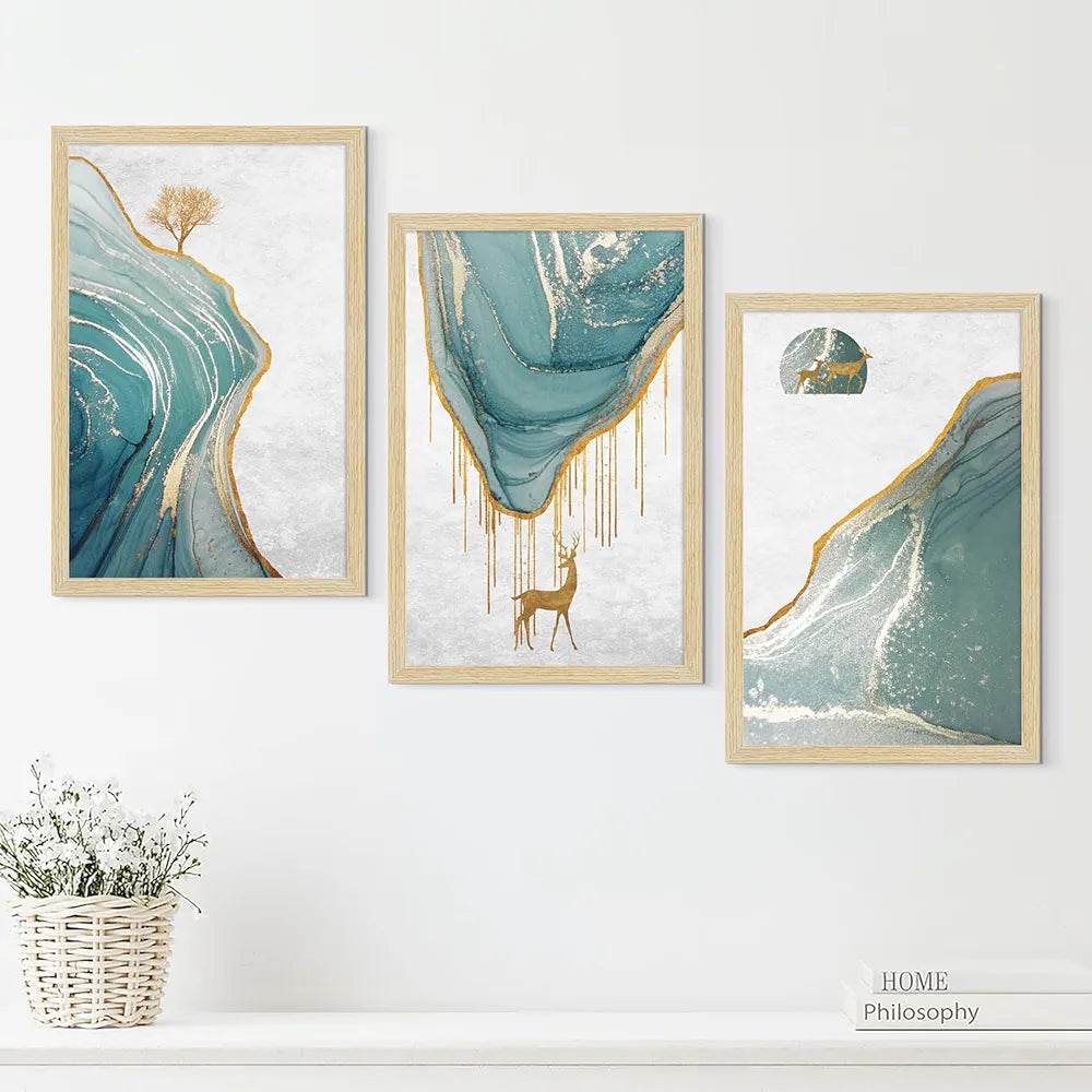 ArtX Paper Golden Deer Paintings with Frame for Home Decor Wall Art, Wall Painting for Living Room, Multicolor, Natural Wood Color Frames, 12.0x18.0 inch, Set of 3