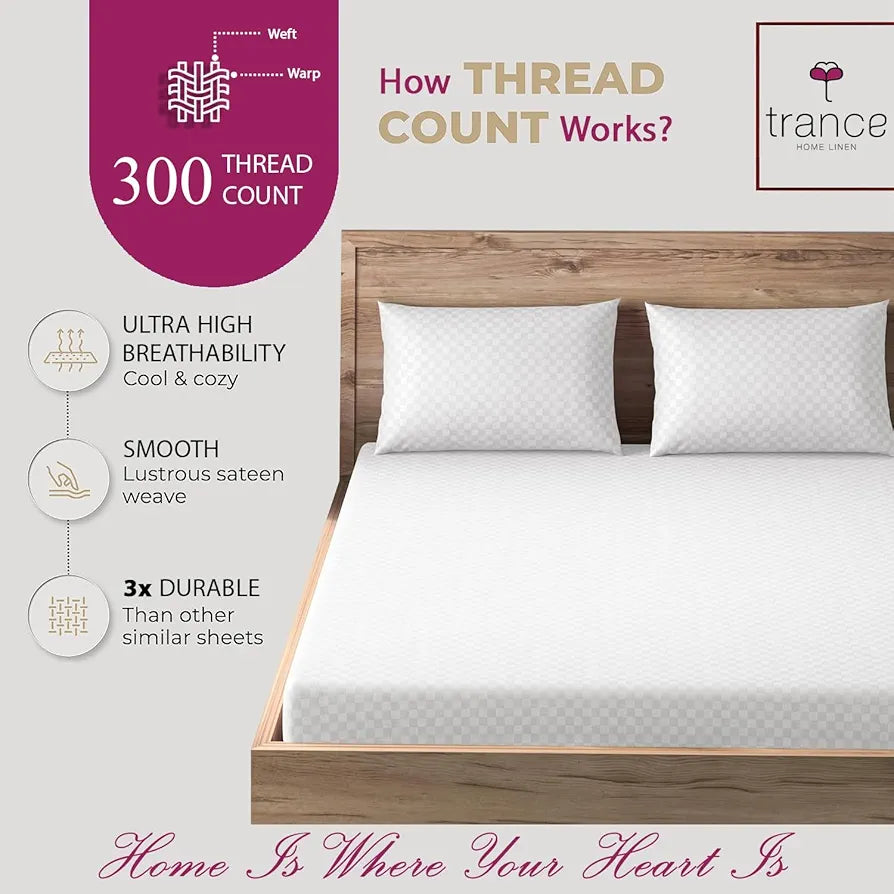 Trance Home Linen 300TC Pure 100% Cotton Single Size Jacquard Weave Fitted Bedsheet with 1 Pillow Cover - 