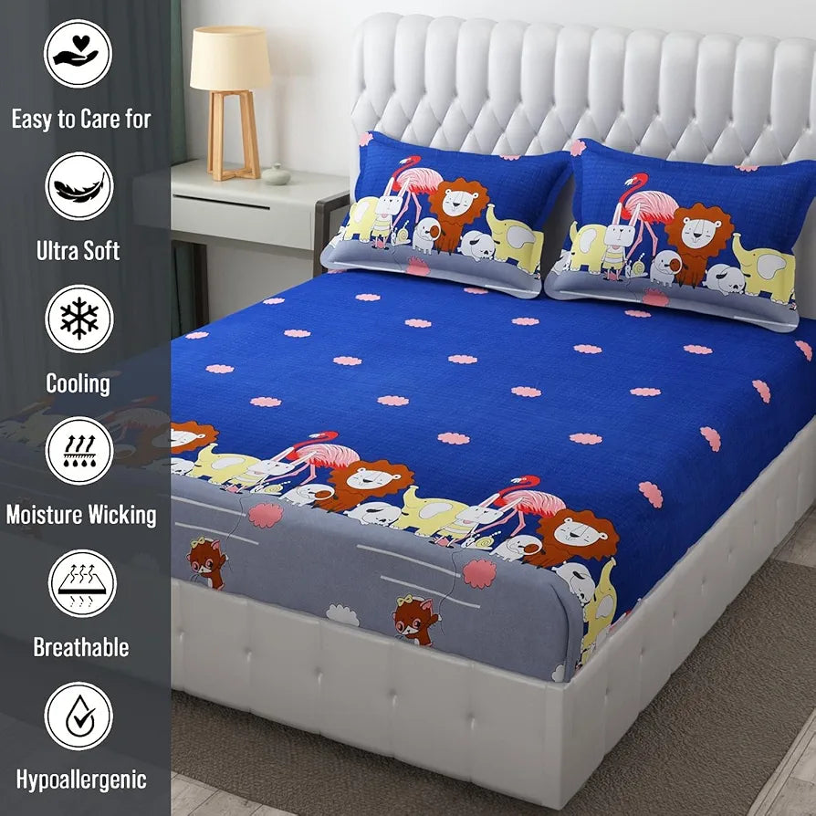 FRESH FROM LOOM Glace Cotton Wrinkle Free Soft Hypoallergenic Bed Sheet | Cartoon Printed Double Bedsheets King Size for Kids with 2 Pillow Cover , 144 TC