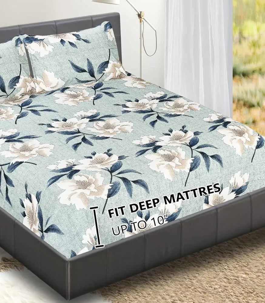 FRESH FROM LOOM Elastic Fitted Floral Bed Sheets|Hypoallergenic Soft Glace Cotton Fitted Bedsheet King Size Bed With Two Pillow Cover|Bed Covers For Mattresses Tuck In,144 TC